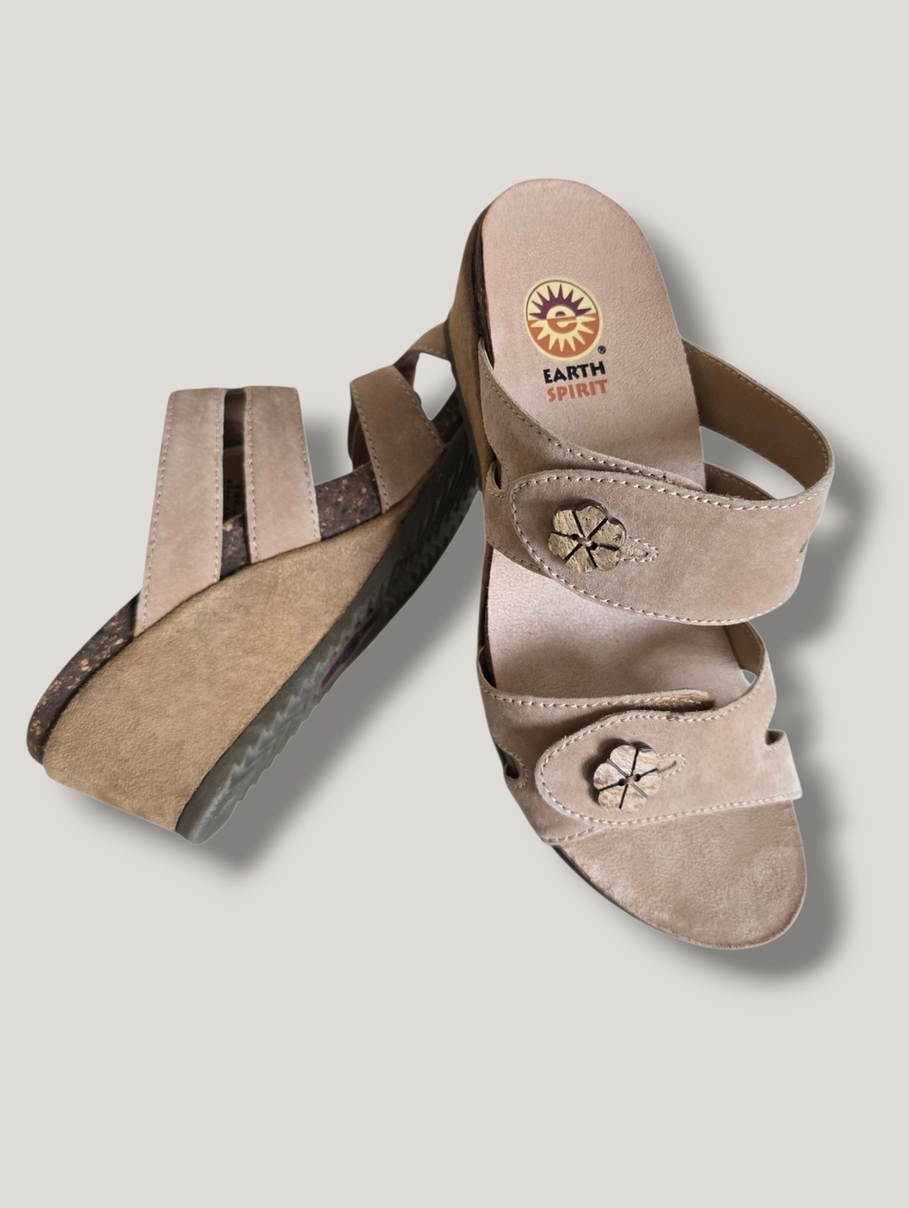 Earth Spirit Women's Joy Taupe Leather & Cork Wedge Sandals